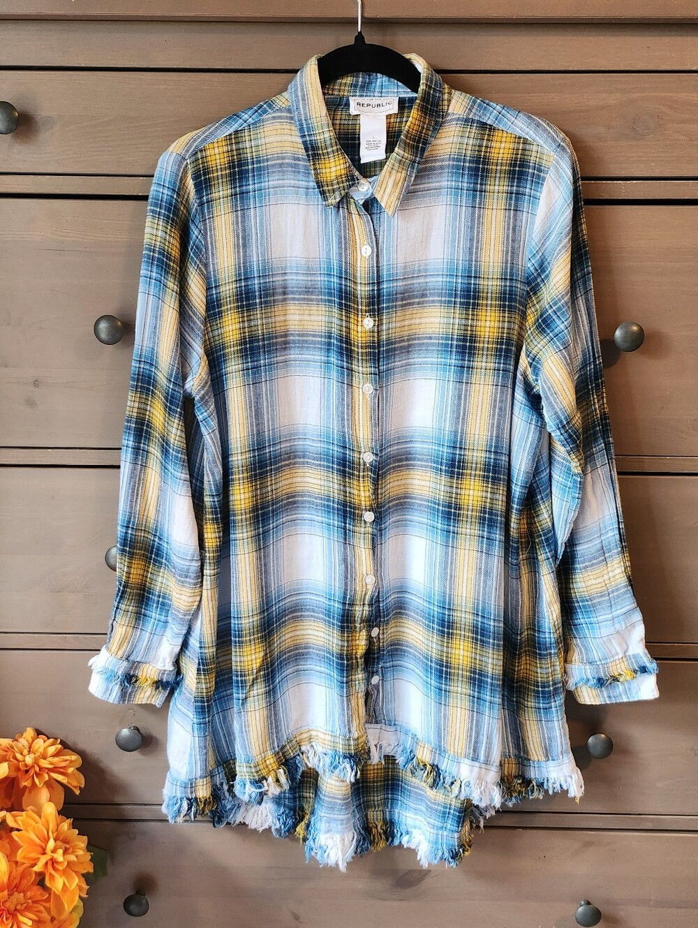 Women's For The Republic Plaid Button-Up Lightwieght Flannel Blue & Yellow